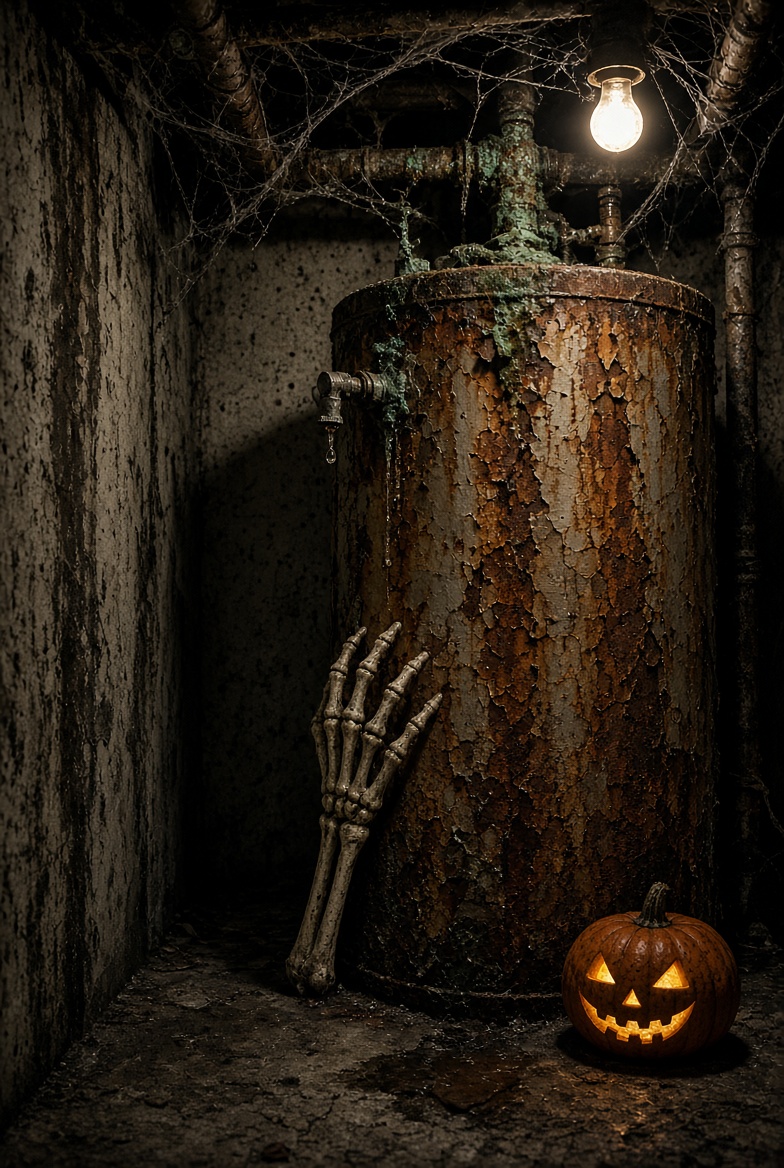 Rusty old tank water heater in a dark basement with cobwebs and a jack-o'-lantern