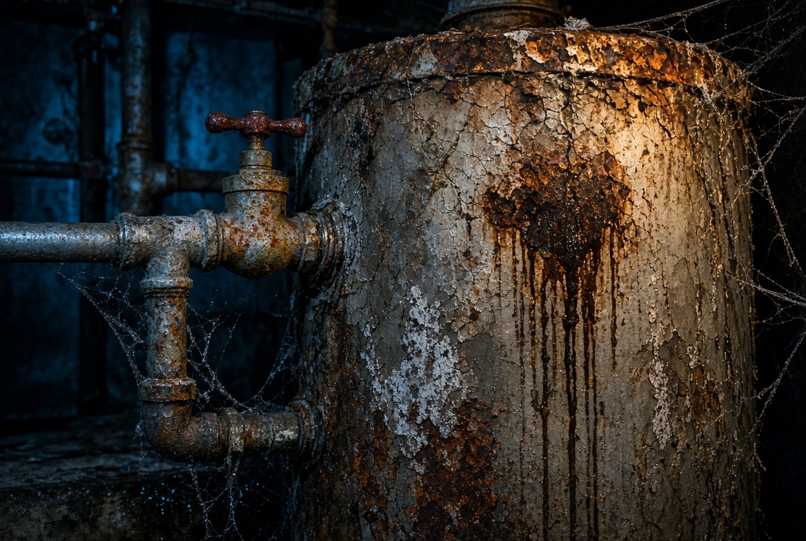 Corroded water heater valve covered in rust and cobwebs